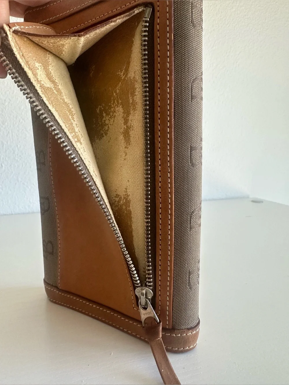 Dooney and Bourke Pattern Vintage Brown Canvas & Tan Leather Clutch Wallet